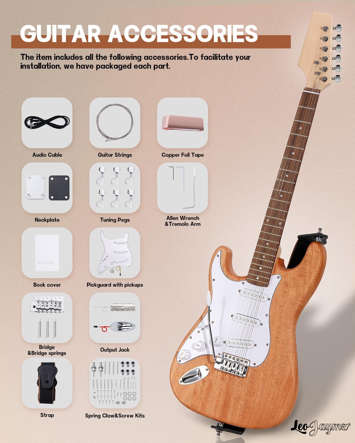 Leo Jaymz DIY ST Style Electric Guitar Kits with Roasted Pine Body and Maple Neck - Laurel Wood Fingerboard,Strap and All Components Included (ST Roasted Pine)