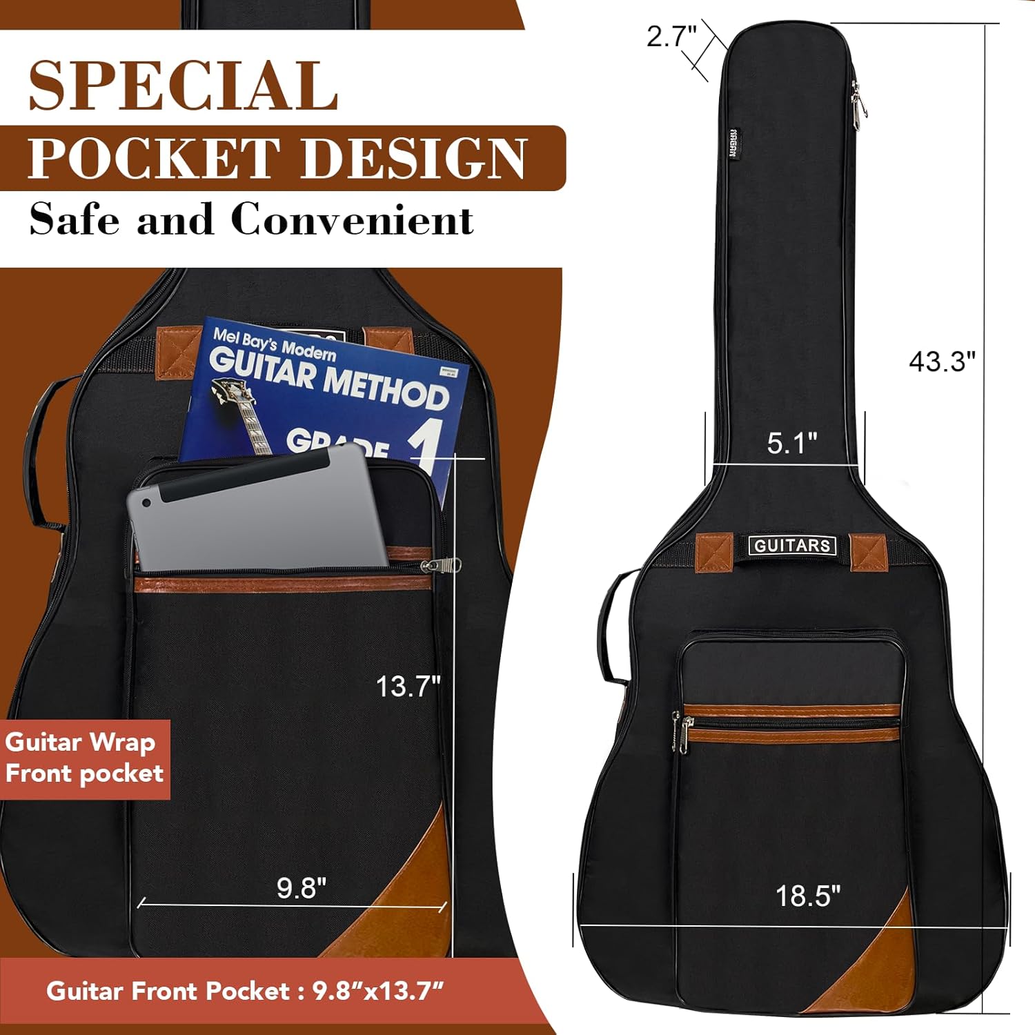 NAGAN Acoustic Guitar Bag 0.5-inch Extra Thick Padding, 40 41 42 inch Gig Bag with Dual Adjustable Straps Back Hanger Loop, Oxford Guitar Case with Neck Magic Tape, Water-resistant (Black Brown)