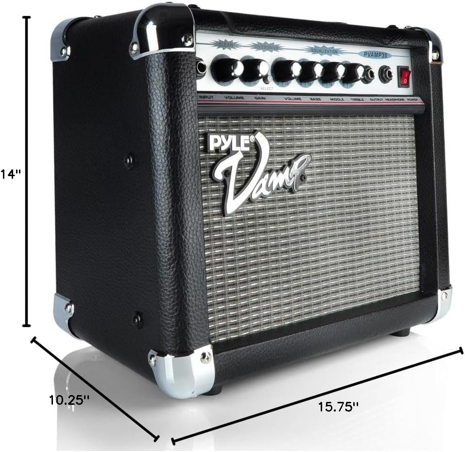 Pyle 30 Watt VampSeries Amplifier - With 3-Band EQ Overdrive, Has Clean and Overdrive Channels For a Crunchy, Powerful Sound, 20 Hz to 15 kHz Frequency Response, Black