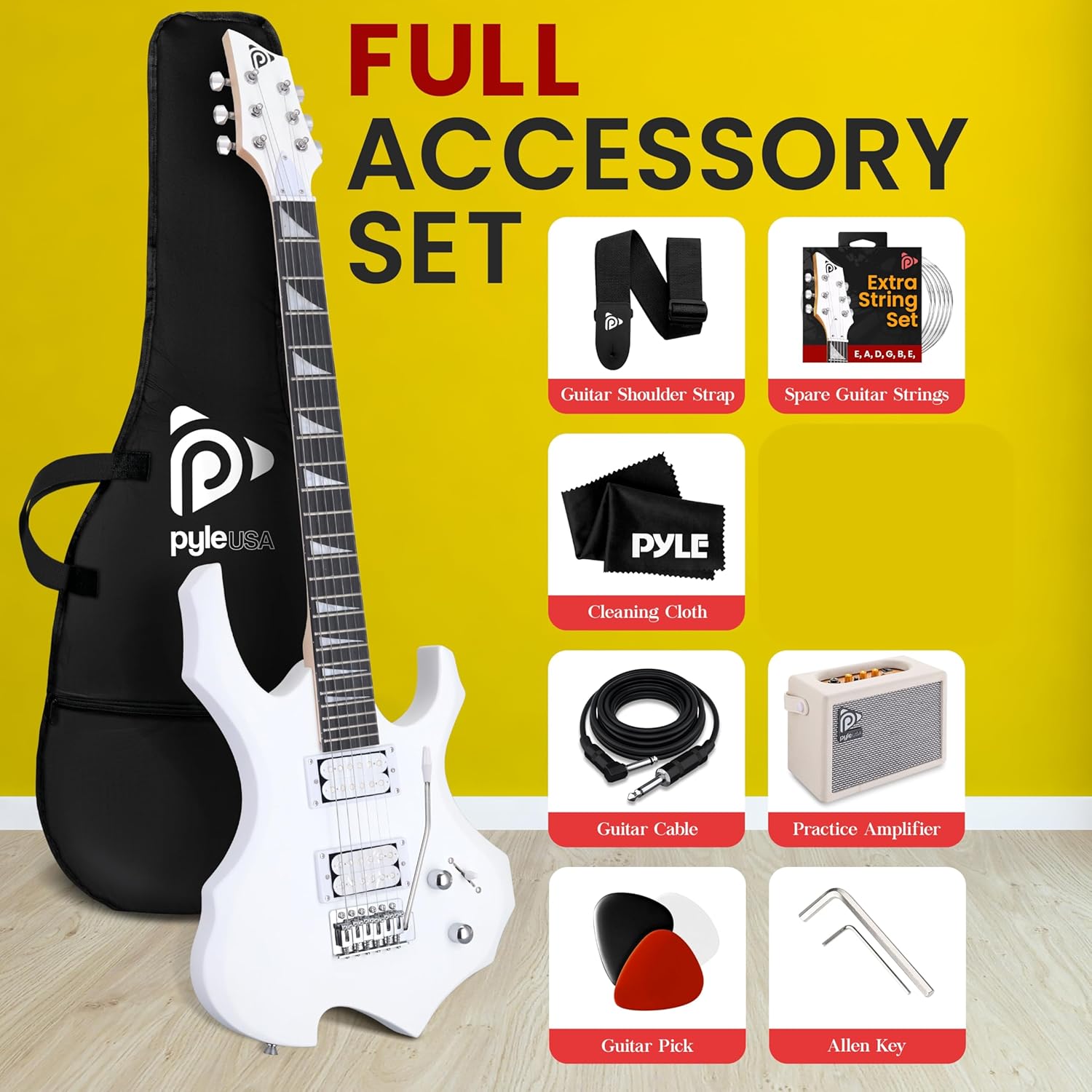 Pyle Heavy Metal EG Fire Electric Guitar Axe w/ Amplifier Kit, Full Size Instrument w/ Practice Amp Accessories, Black Matte