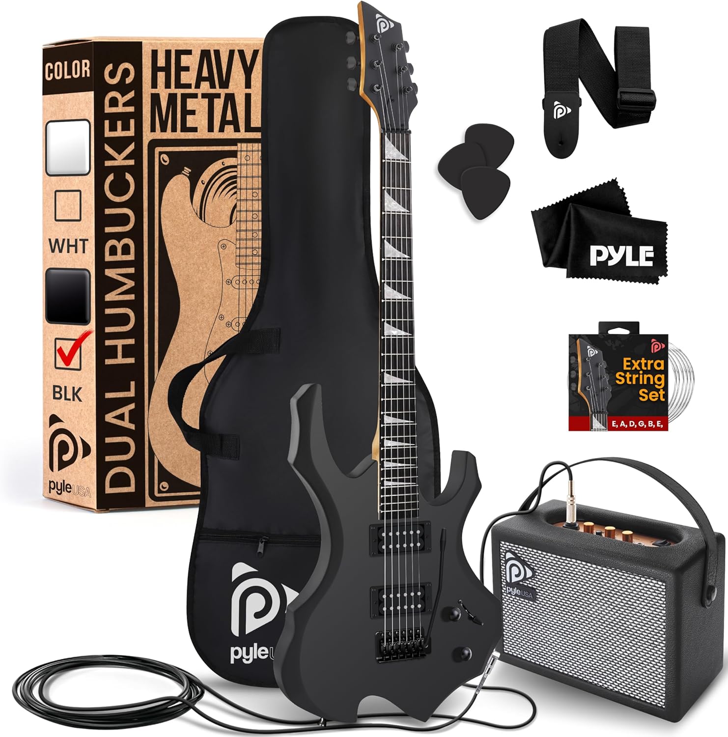 Pyle Heavy Metal EG Fire Electric Guitar Axe w/ Amplifier Kit, Full Size Instrument w/ Practice Amp Accessories, Black Matte